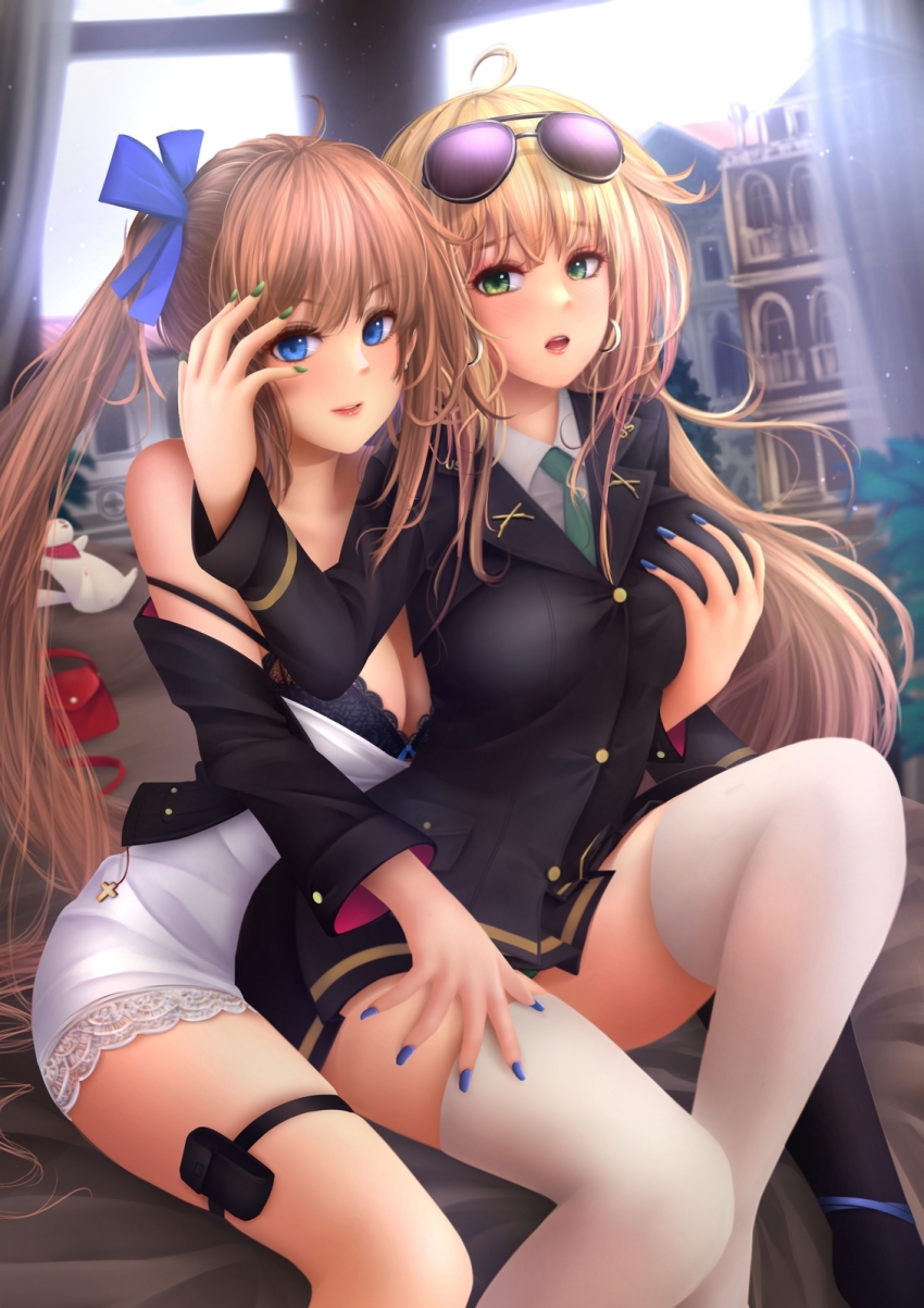 2girls, ahoge, anakin_sky_(utcc), aviator_sunglasses, blonde_hair, blue_bra, blue_eyes, blue_nails