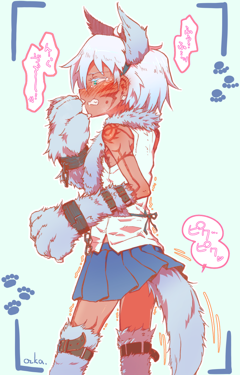 1girl, animal_ears, animal_hands, blush, clenched_teeth, cuffs, dark-skinned_female, dark_skin