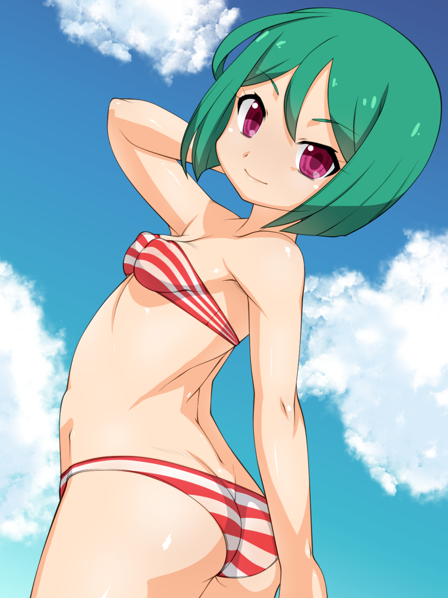 10s, 1girl, ass, bare_arms, bare_shoulders, bikini, blue_sky, breasts, closed_mouth, cloud, cloudy_sky, cowboy_shot, day, female_focus, hair_between_eyes, highres, kiratto_pri_chan, looking_at_viewer, midorikawa_sara, nurugamer-kouyouju, outdoors, pretty_series, sara_midorikawa, shiny_skin, sky, small_breasts, smile, solo, striped_bikini, striped_clothes, swimsuit