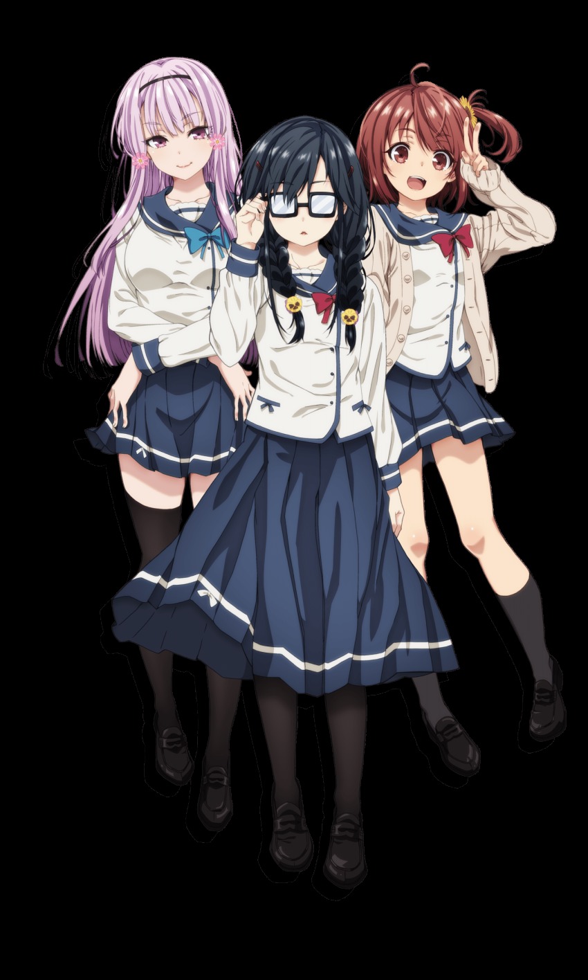3girls, :d, absurdres, adjusting_eyewear, ahoge, akino_sakura_(oresuki), artist_request, black-framed_eyewear