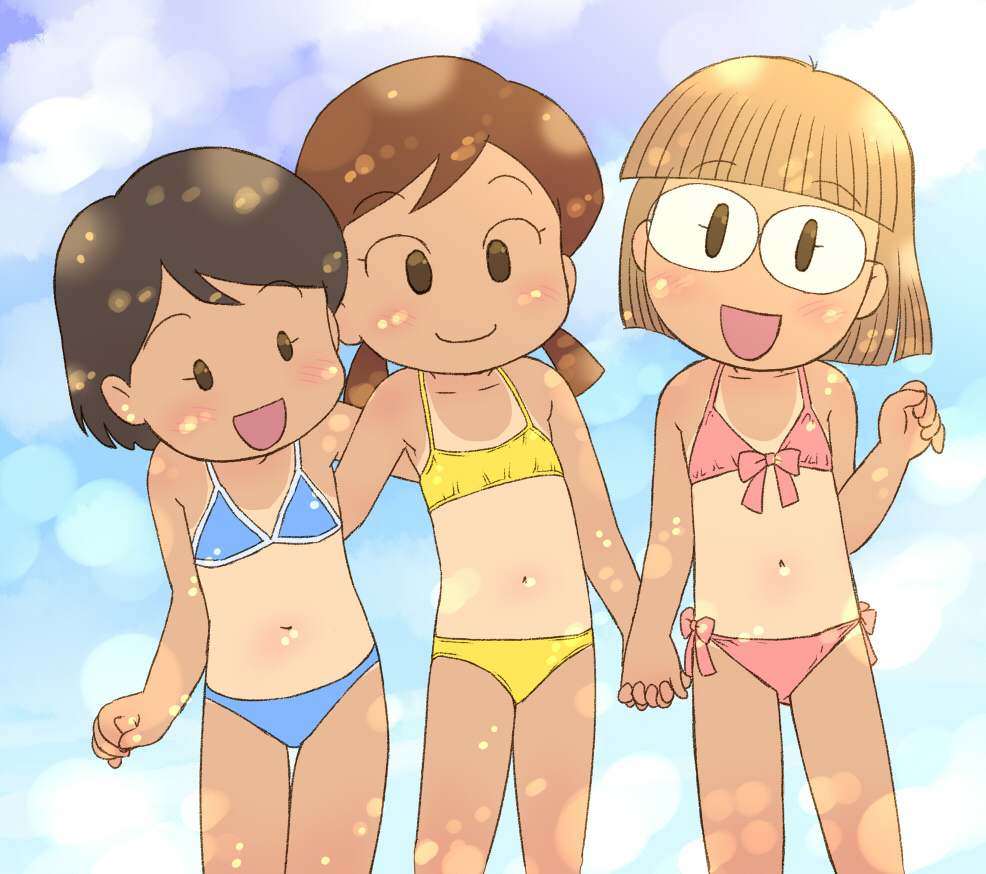 3girls, bikini, black_eyes, black_hair, blue_bikini, blush, borrowed_character, brown_hair