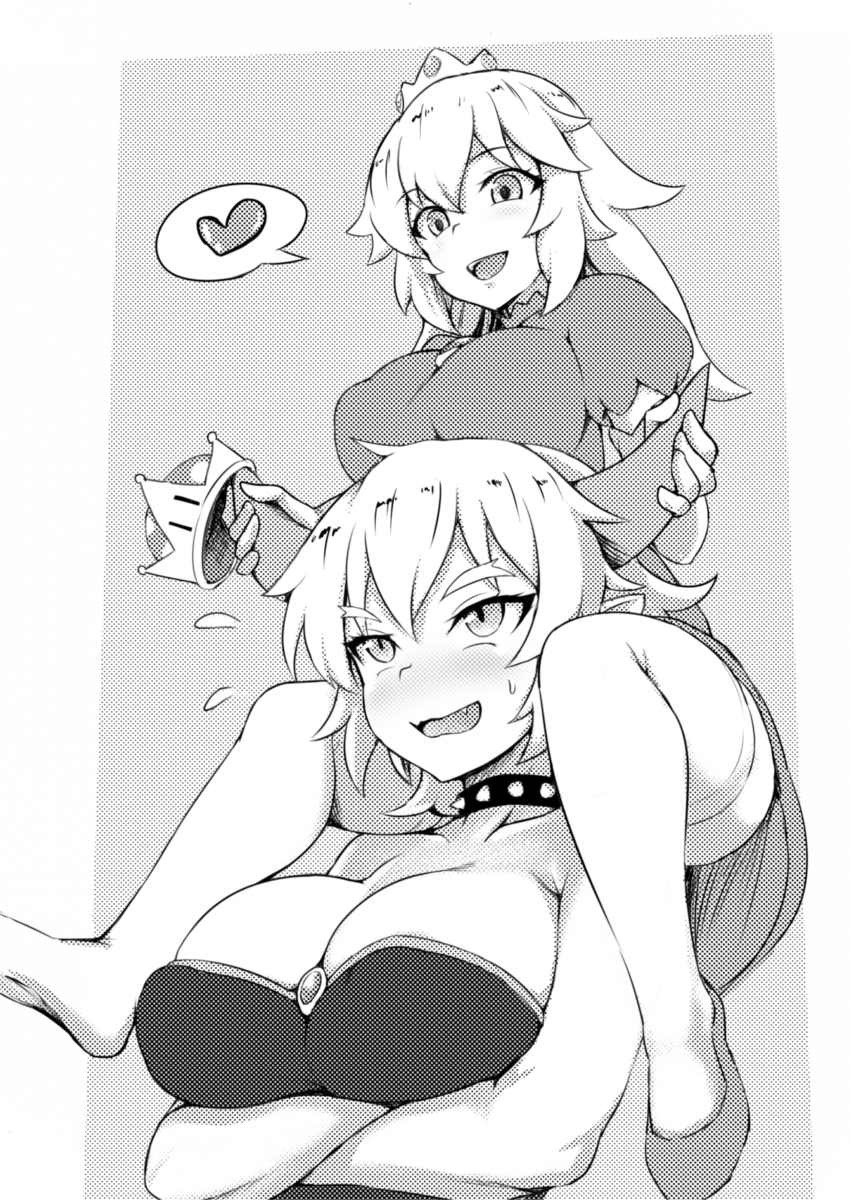2girls, absurdres, blush, bowsette, breast_hold, breasts, carrying, cleavage
