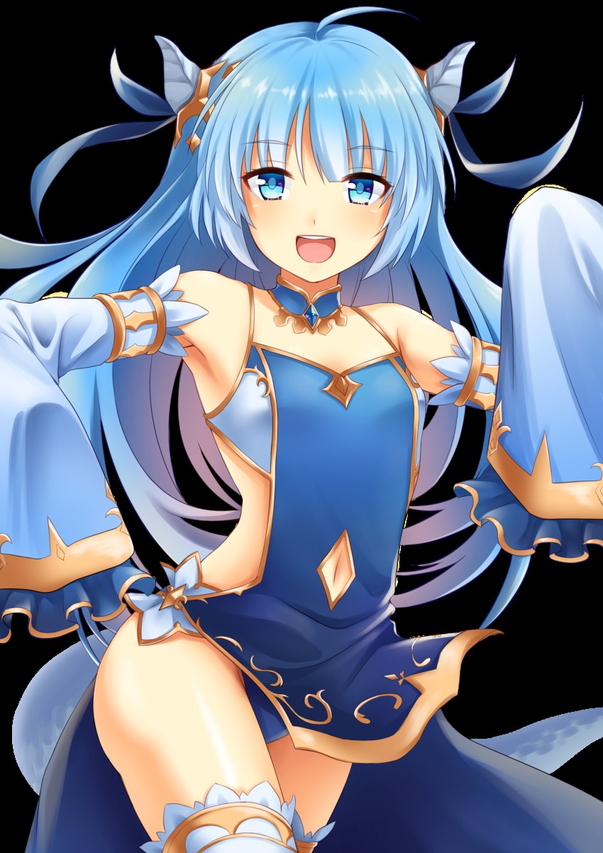 1girl, :d, absurdres, ahoge, armpits, backless_outfit, bare_shoulders, blue_dress