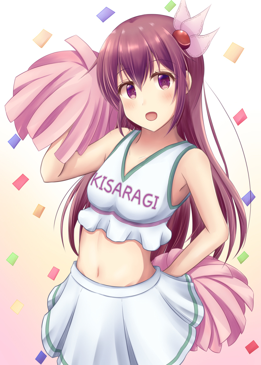 1girl, arm_up, armpits, breasts, brown_hair, cheerleader, clothes_writing, confetti