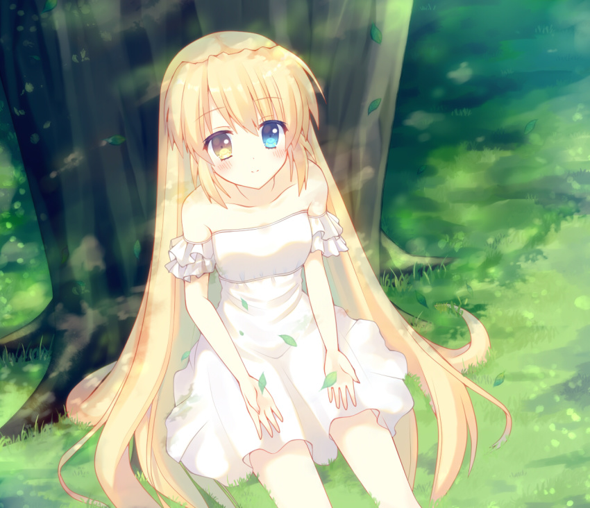 1girl, aiyan, blonde_hair, blue_eyes, blush, dress, female_focus, grass