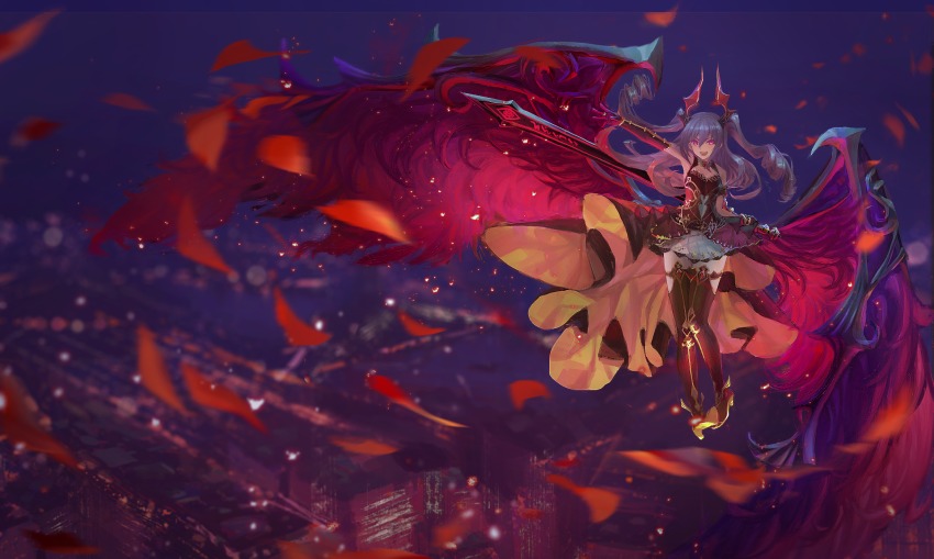 >:d, 1girl, alternate_costume, asymmetrical_gloves, boots, city, dress, drill_hair