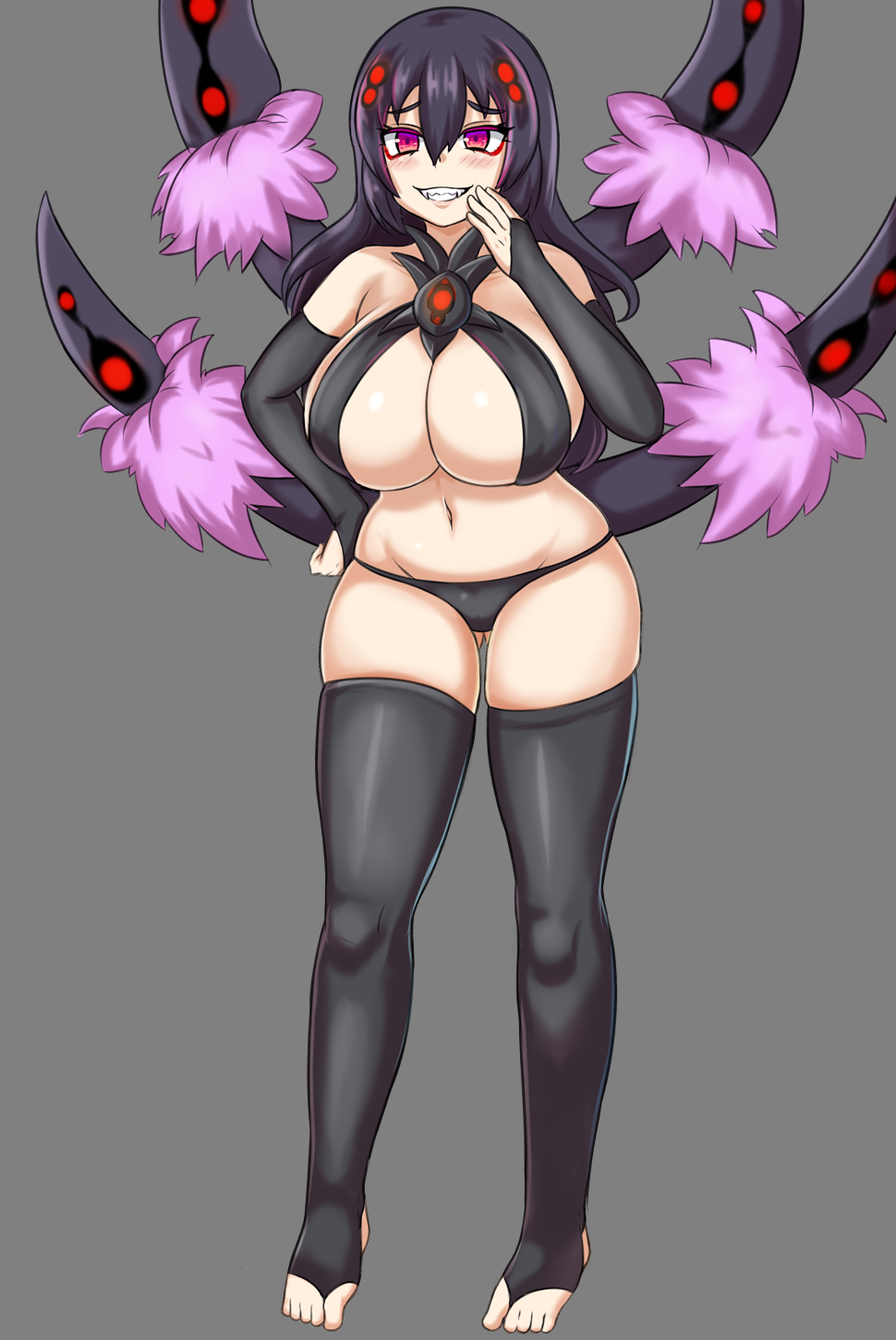 1girl, arthropod_girl, atlach-nacha_(monster_girl_encyclopedia), bad_id, bad_tumblr_id, bare_shoulders, black_gloves, black_hair, black_panties, black_thighhighs, blush, breasts, bridal_gauntlets, cleavage, fangs, female_focus, full_body, gloves, gluteal_fold, grey_background, grin, groin, hair_between_eyes, hand_up, highres, huge_breasts, insect_girl, long_hair, looking_at_viewer, monster_girl, monster_girl_encyclopedia, monster_girl_encyclopedia_ii, nav_(itsnav), navel, panties, purple_eyes, simple_background, skindentation, smile, solo, spider_girl, standing, stirrup_legwear, teeth, thighhighs, toeless_legwear, underwear