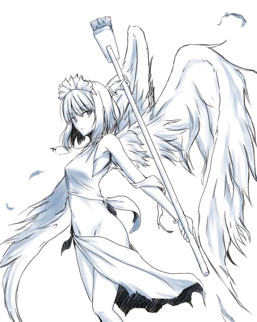 1girl, angel_wings, breasts, broom, cross, cross_necklace, dutch_angle, feathers