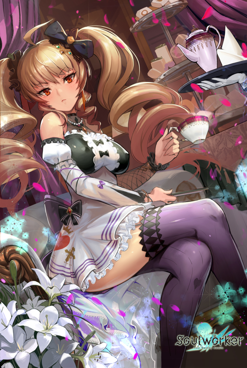 1girl, ahoge, alternate_hair_color, armchair, bare_shoulders, bow, breasts, brown_eyes