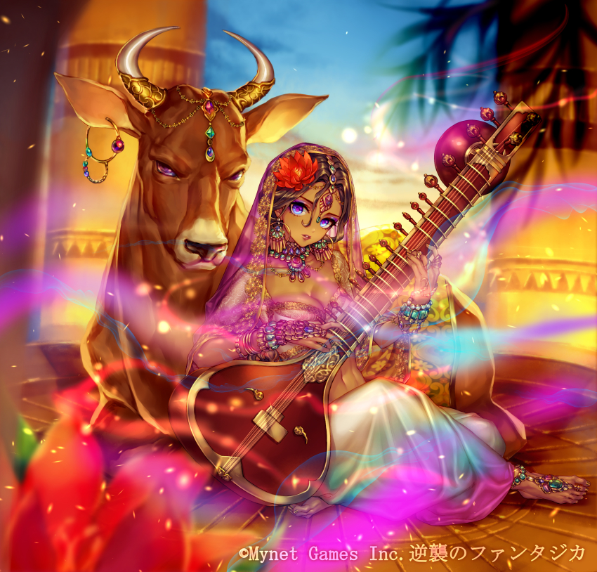1girl, anklet, barefoot, barefoot_sandals_(jewelry), blue_eyes, blue_sky, blurry, blurry_background, bracelet, breasts, brown_hair, bull, cleavage, company_name, dark_skin, earrings, flower, gyakushuu_no_fantasica, hair_between_eyes, hair_flower, hair_ornament, highres, hoop_earrings, indoors, instrument, instrument_request, jewelry, looking_at_viewer, medium_breasts, midriff, murayama_(u_k), navel, necklace, official_art, red_flower, ring, shawl, sitting, sky, toe_ring