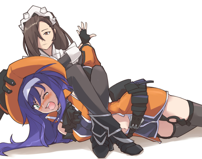 2girls, ahoge, armbar, bare_shoulders, blue_hair, blush, breasts, brown_eyes