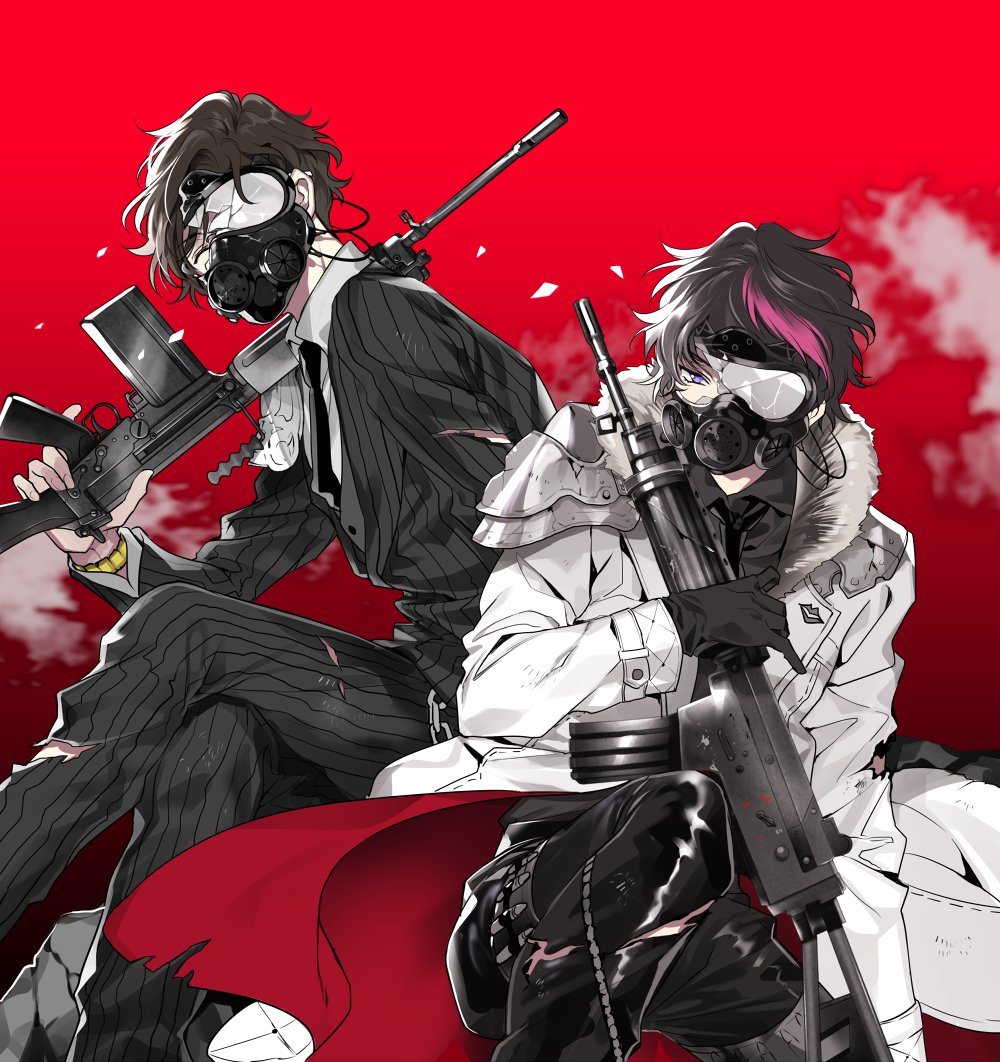 2boys, armor, assault_rifle, battle_rifle, black_gloves, black_hair, broken_glass, broken_mask, brown_hair, coat, closed_eyes, f_(senjuushi), fal_(senjuushi), fn_fal, fn_fnc, formal_clothes, futaba_hazuki, gas_mask, glass, gloves, gun, holding, holding_gun, holding_weapon, leather, male_focus, mask, multicolored_hair, multiple_boys, necktie, pants, pinstripe_pattern, pinstripe_suit, purple_eyes, rifle, senjuushi:_the_thousand_noble_musketeers, senjuushi_(series), shirt, short_hair, shoulder_armor, sitting, squatting, streaked_hair, striped, suit, torn_clothes, torn_pants, torn_shirt, weapon