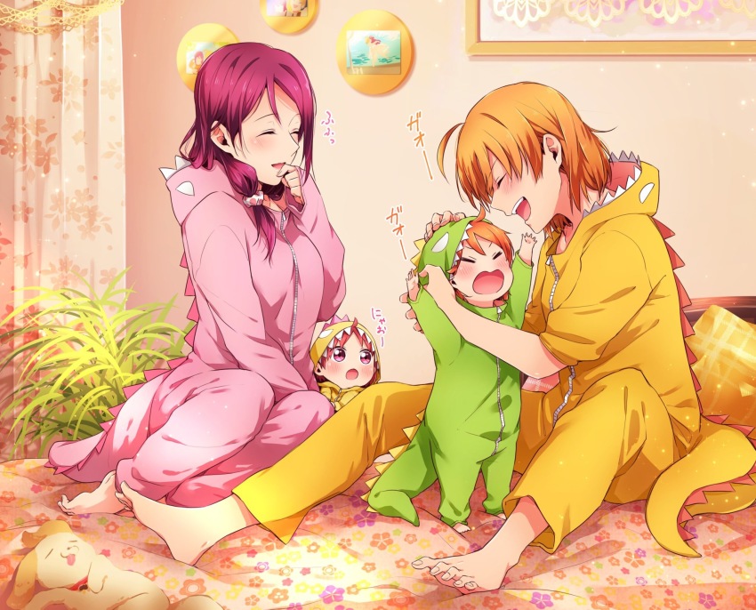 4girls, ^_^, aged_up, ahoge, arms_up, barefoot, bedroom, blanket