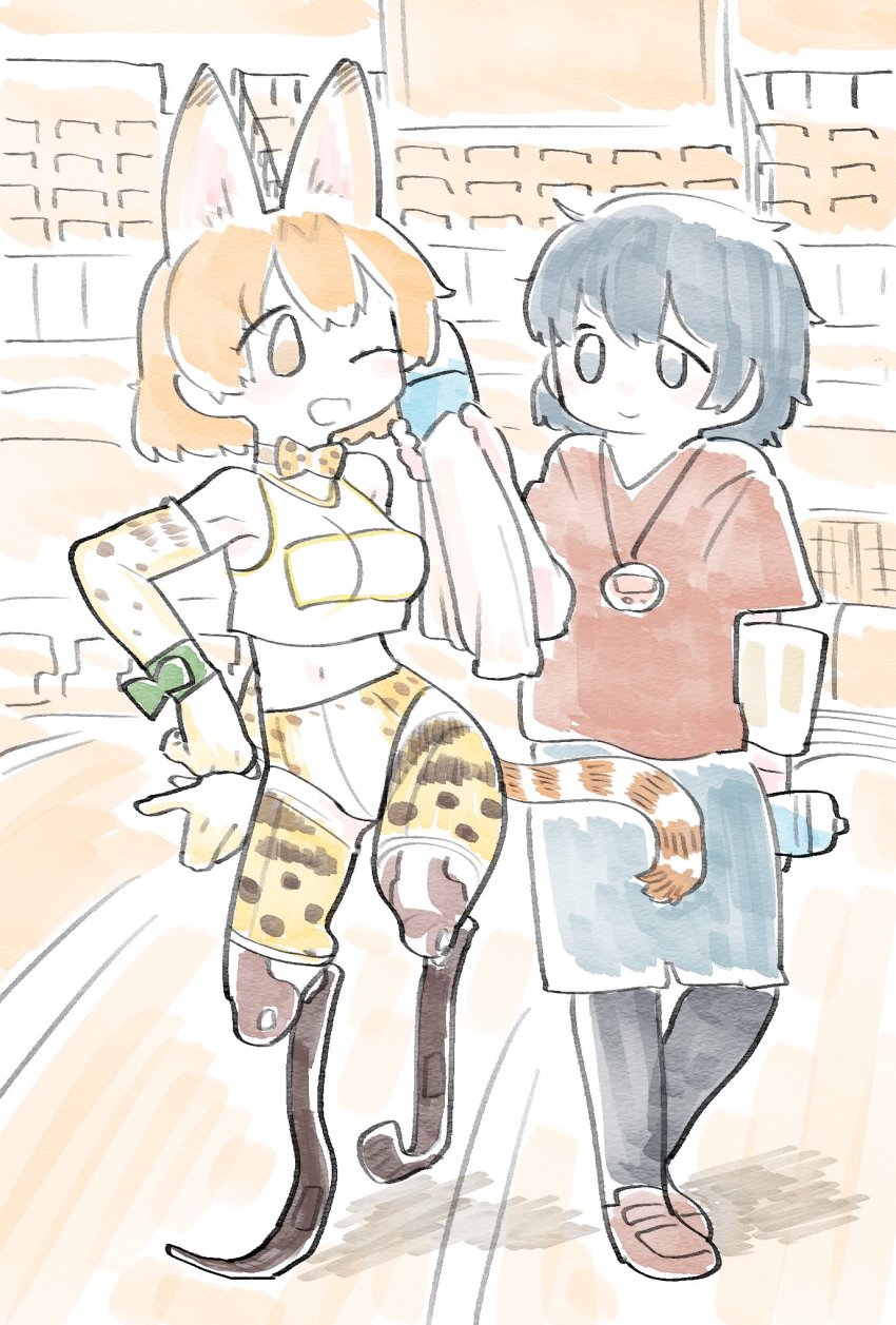 10s, 2girls, ;d, amputee, animal_ears, animal_print, arm_behind_back, bare_shoulders