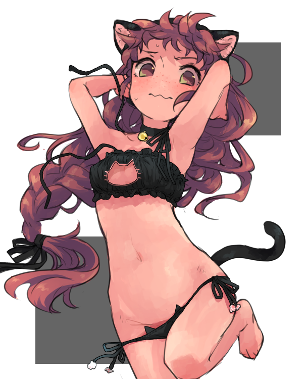 1girl, animal_ears, animal_print, armpits, barefoot, bell, black_bra, black_hairband