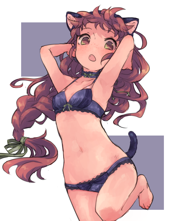 1girl, animal_ears, armpits, barefoot, black_hairband, blue_bra, blue_panties, bra