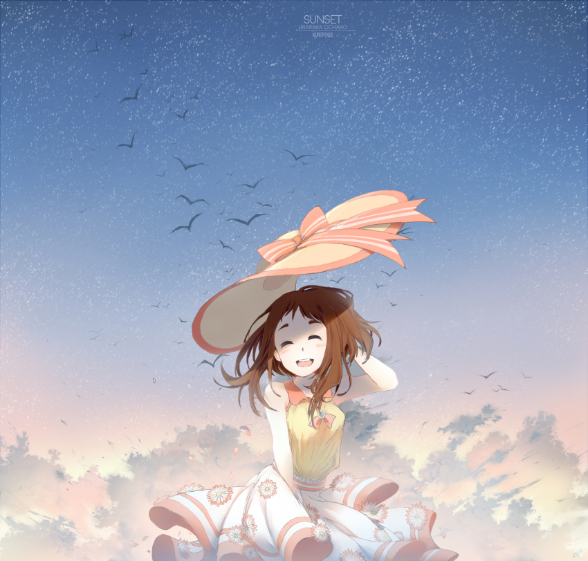 10s, 1girl, bird, blue_sky, boku_no_hero_academia, brown_hair, character_name, closed_eyes