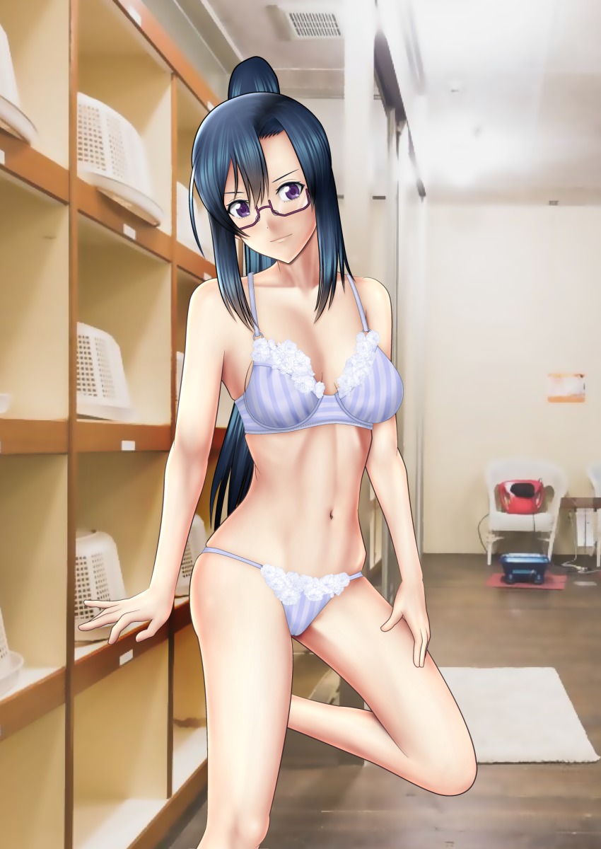 10s, 1girl, arm_support, asymmetrical_bangs, bath, black-framed_eyewear, black_hair, bra, breasts, changing_room, closed_mouth, commentary_request, female_focus, glasses, hand_on_own_thigh, hanebado!, head_tilt, highres, izumi_riko_(hanebado!), lace, lace-trimmed_bra, lace-trimmed_panties, lace_trim, leg_up, legs, light_smile, long_hair, looking_at_viewer, medium_breasts, navel, panties, partial_commentary, photo_background, ponytail, purple_eyes, semi-rimless_eyewear, sidelocks, skindentation, solo, standing, standing_on_one_leg, string_panties, striped_bra, striped_clothes, striped_panties, under-rim_eyewear, underwear, vertical-striped_bra, vertical-striped_clothes, vertical-striped_panties, y_y_e_cart_mach