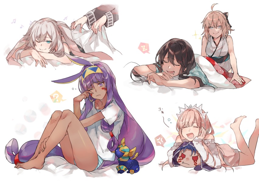 >:), 5girls, ;(, ;), ?, ^_^, ahoge, alternate_costume, animal_ears, bare_arms, bare_legs, bare_shoulders, barefoot, beamed_eighth_notes, bed_sheet, black_hair, blanket, blonde_hair, blue_eyes, blue_hair, blue_panties, blush, closed_eyes, closed_mouth, cu_chulainn_(fate), cu_chulainn_alter_(fate/grand_order), dark-skinned_female, dark_skin, disembodied_hand, dress, drooling, drowsy, eighth_note, facial_mark, fang, fang_out, fate/grand_order, fate_(series), frown, gradient_hair, grey_hair, hairband, hand_on_own_leg, hands_on_own_cheeks, hands_on_own_face, highres, holding, japanese_clothes, kimono, knees_up, legs_up, long_hair, long_sleeves, low-tied_long_hair, lying, marie_antoinette_(fate), medb_(fate), mini_cu-chan_(fate), multicolored_hair, multicolored_hairband, multiple_girls, musical_note, nitocris_(fate), missing_headwear, oda_nobunaga_(fate), oda_nobunaga_(koha-ace), off-shoulder, off-shoulder_dress, off-shoulder_sweater, off_shoulder, okita_souji_(fate), okita_souji_(koha-ace), okita_souji_(second_ascension)_(fate), on_stomach, one_eye_closed, open_mouth, panties, pink_hair, purple_eyes, purple_hair, red_eyes, shirt, short_sleeves, sidelocks, simple_background, sitting, sleeping, sleepy, sleeveless, sleeveless_kimono, smile, smug, speech_bubble, spoken_question_mark, spoken_zzz, striped_clothes, striped_panties, sweater, sweater_dress, translation_request, twintails, two-tone_hairband, under_covers, underwear, very_long_hair, waking_up, waltz_(tram), wavy_mouth, white_background, white_dress, white_hairband, white_kimono, white_shirt, white_sweater, wiping_face, yawning, zzz
