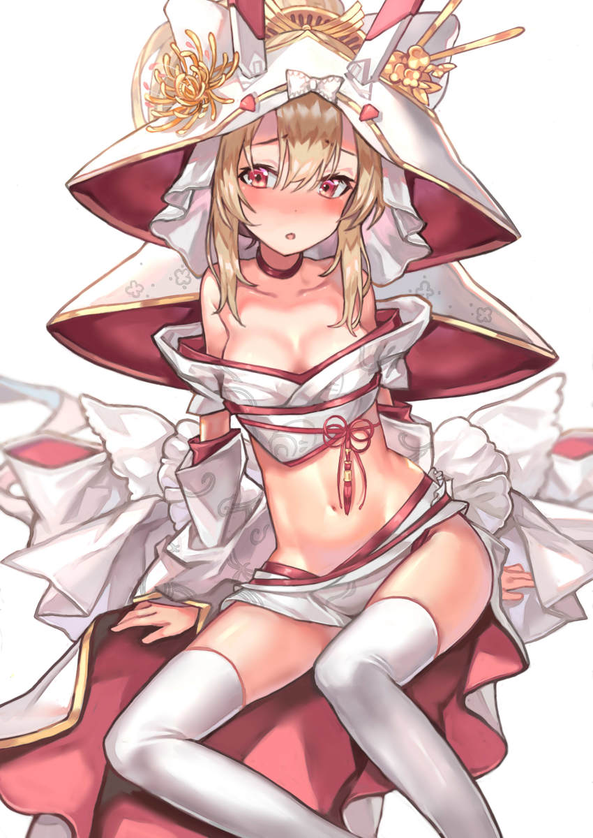 1girl, absurdres, ayanami_(azur_lane), ayanami_(demon's_finest_dress)_(azur_lane), azur_lane, bare_shoulders, blonde_hair, blush, breasts, choker, cleavage, clothing_request, commentary_request, denchu_(kazudentyu), detached_sleeves, female_focus, flower_knot, gold_trim, highres, long_sleeves, looking_away, medium_breasts, midriff, navel, off_shoulder, petite, red_choker, red_eyes, sitting, solo, stomach, tassel, thighhighs, wedding_kimono, wide_sleeves