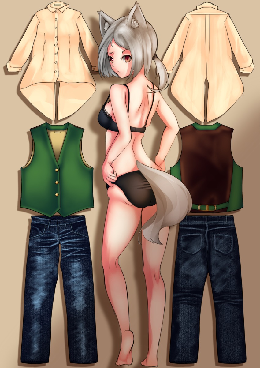 1girl, :<, adjusting_clothes, adjusting_panties, ass, back, barefoot, black_bra