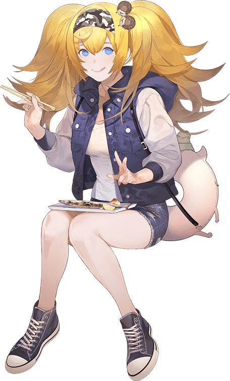 1girl, akira_(kadokawa), blonde_hair, blue_eyes, blue_shirt, breast_pocket, breasts, eating