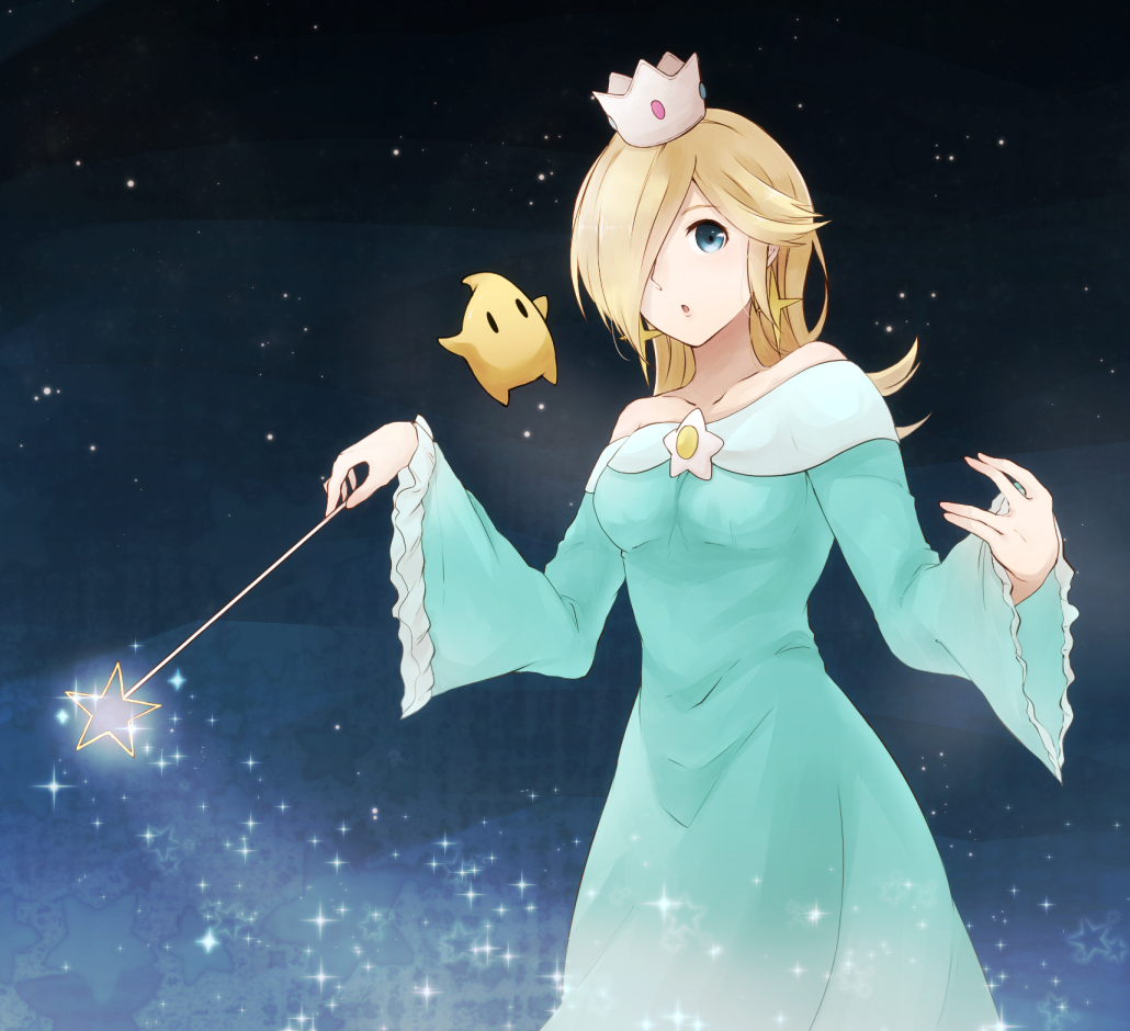 blonde_hair, blue_dress, blue_eyes, collarbone, crown, dress, earrings, hair_over_one_eye
