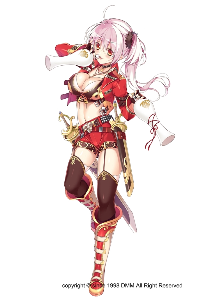 1girl, ahoge, bad_id, bad_pixiv_id, black_gloves, black_neckwear, black_thighhighs, boots, breasts, choker, cleavage, cropped_jacket, dual_wielding, female_focus, fingerless_gloves, flower_knight_girl, full_body, gloves, holding, jacket, knee_boots, large_breasts, long_hair, looking_at_viewer, masushita, midriff, official_art, orange_eyes, pink_hair, red_jacket, red_shorts, sarracenia_(flower_knight_girl), scabbard, sheath, shorts, side_ponytail, simple_background, smile, solo, standing, standing_on_one_leg, sword, thigh_strap, thighhighs, thighhighs_under_boots, weapon, white_background