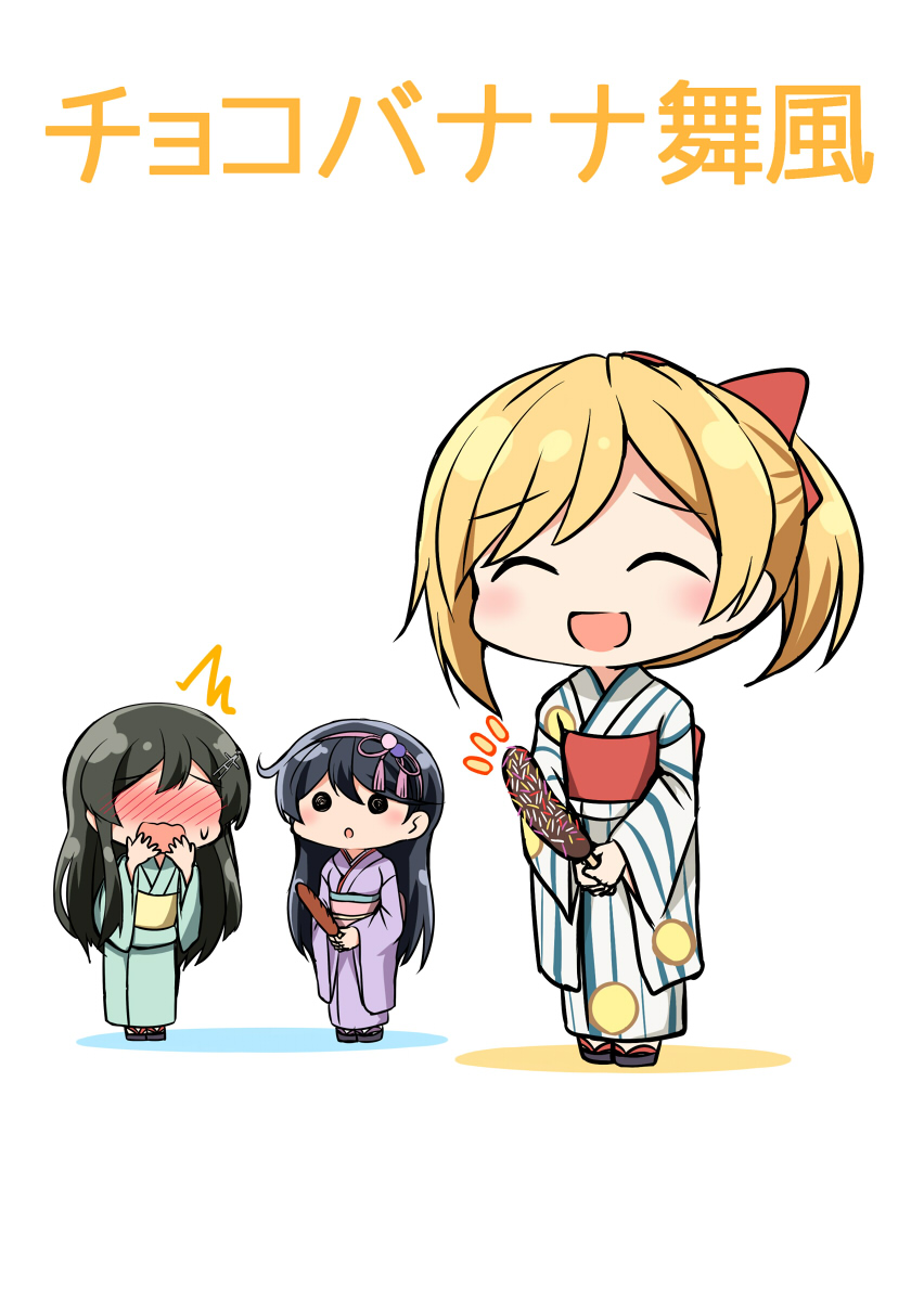 3girls, ^_^, black_hair, blonde_hair, blush, chocolate, chocolate-covered_food, chocolate_banana