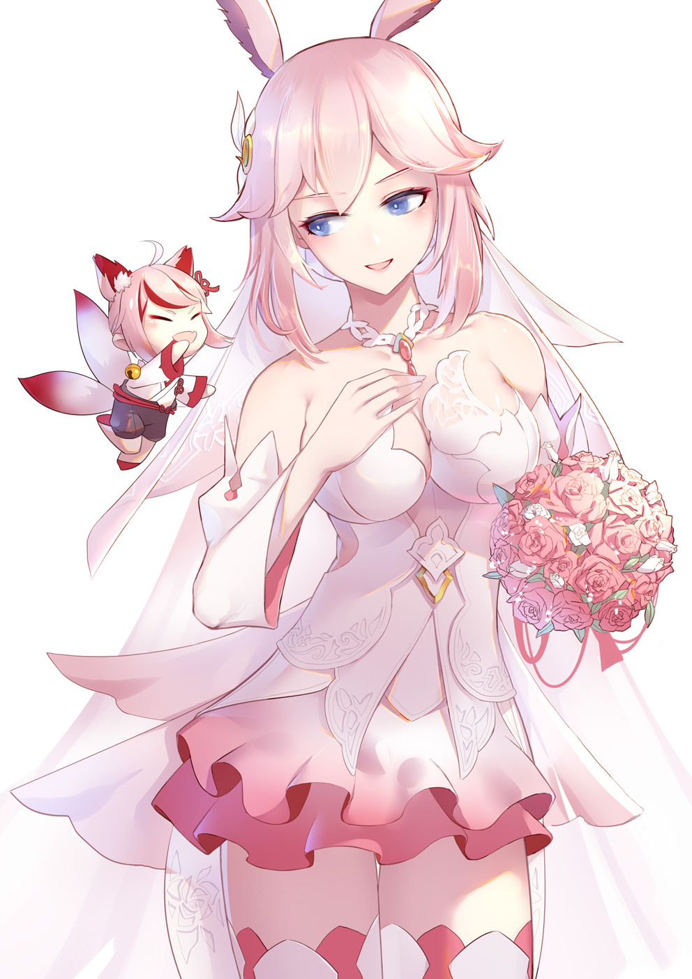 2girls, alternate_costume, animal_ears, bare_shoulders, bell, blue_eyes, blush, bouquet