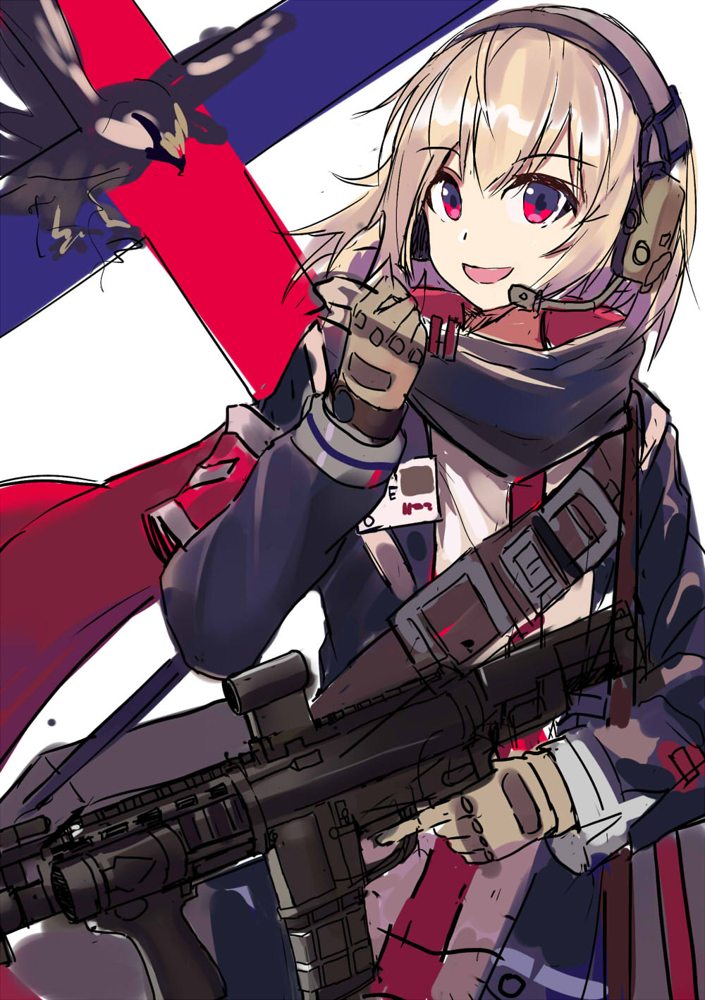 1girl, armband, bird, blonde_hair, commentary_request, echj, female_focus, girls'_frontline, gloves, gun, hair_between_eyes, headset, highres, holding, holding_gun, holding_weapon, jacket, long_sleeves, looking_at_viewer, name_tag, open_mouth, red_eyes, red_scarf, rifle, scarf, scw_(girls'_frontline), scw_(gun), short_hair, sketch, smile, solo, trigger_discipline, uniform, weapon