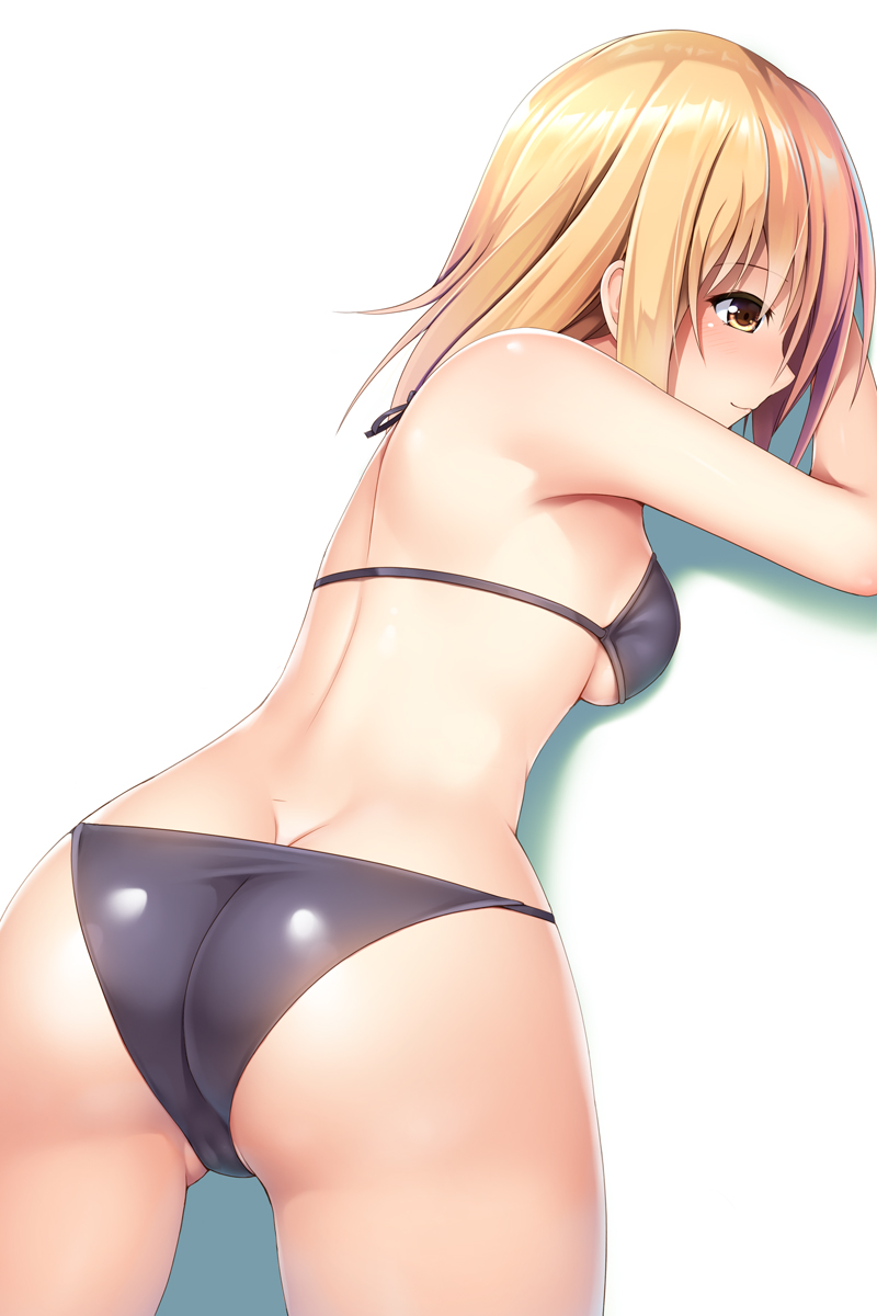 1girl, arm_pillow, arm_support, ass, back, blonde_hair, blush, breasts