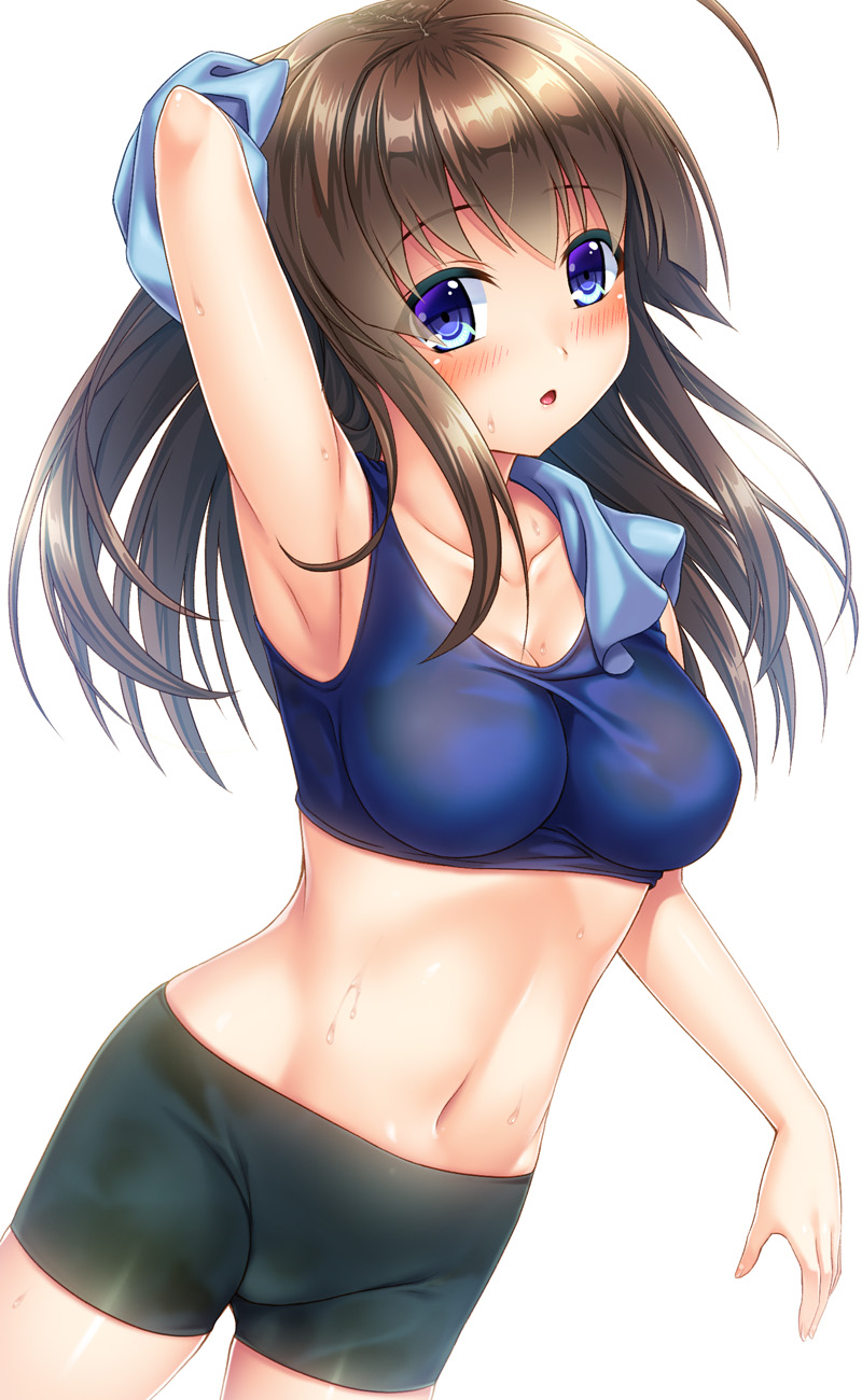 1girl, :o, ahoge, arm_behind_head, arm_up, armpits, bike_shorts, black_shorts