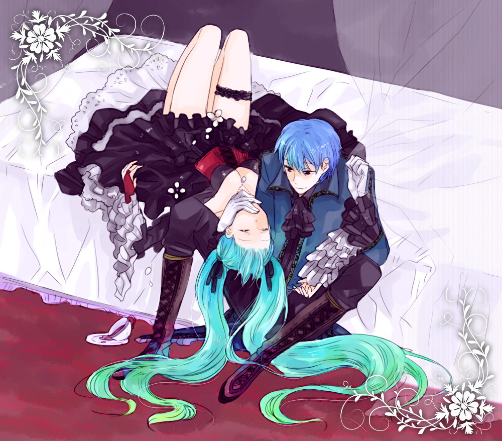 1boy, 1girl, aqua_hair, bad_id, bad_pixiv_id, bed, blue_hair, cantarella