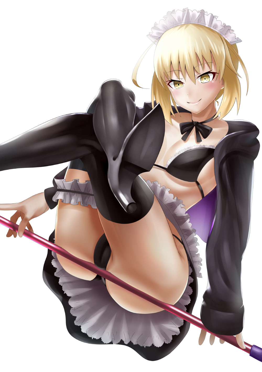 1girl, apron, artoria_pendragon_(fate), ass, bad_anatomy, bikini, black_bikini, black_boots, black_jacket, black_ribbon, black_skirt, blonde_hair, blush, boots, braid, breasts, bun_with_braided_base, closed_mouth, collarbone, crossed_legs, fate/grand_order, fate_(series), female_focus, frilled_apron, frilled_thigh_strap, frills, hair_between_eyes, hair_bun, high_heel_boots, high_heels, highres, hip_focus, hood, hoodie, jacket, kairyuu_(drshellon), legs, legs_up, looking_at_viewer, maid, maid_bikini, maid_headdress, mop, neck_ribbon, open_clothes, open_hoodie, open_jacket, ribbon, saber_alter, saber_alter_(swimsuit_rider)_(second_ascension), simple_background, skirt, small_breasts, smile, solo, swimsuit, thigh_boots, thigh_strap, thighhighs, thighs, unconventional_maid, waist_apron, white_background, yellow_eyes