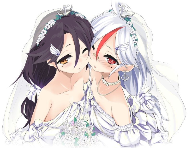 2girls, anchor, azur_lane, bandaid, bandaid_on_face, bandaid_on_nose, blush, breasts