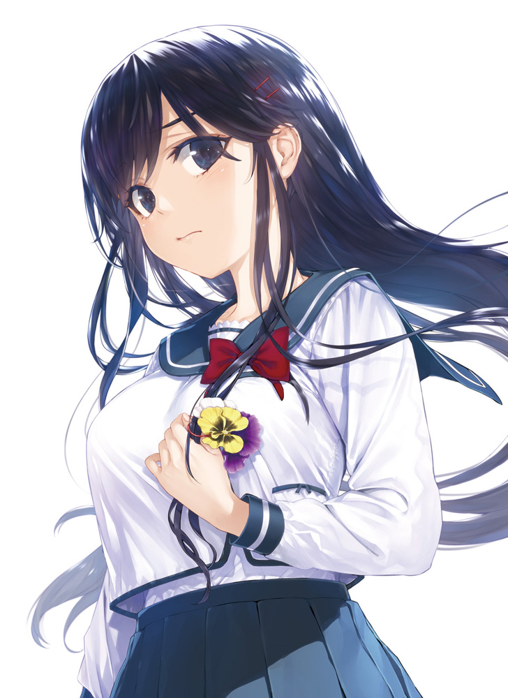 1girl, 3:, black_eyes, black_hair, blue_skirt, blush, bow, breasts