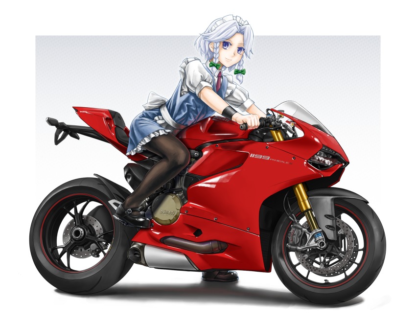 1girl, black_pantyhose, black_shoes, blue_eyes, blue_skirt, blue_vest, bow, bracer, braid, chanko, closed_mouth, collared_shirt, commentary_request, ducati, ducati_1199, female_focus, frilled_skirt, frills, green_bow, grey_background, hair_bow, highres, izayoi_sakuya, large_bow, leaning_forward, light_smile, logo, looking_at_viewer, maid, maid_headdress, mary_janes, miniskirt, motor_vehicle, motorcycle, necktie, outside_border, pantyhose, polka_dot, polka_dot_background, puffy_short_sleeves, puffy_sleeves, purple_necktie, riding, shirt, shoes, short_hair, short_sleeves, sidelocks, silver_hair, sitting, skirt, skirt_set, smile, solo, touhou, twin_braids, vest, white_shirt