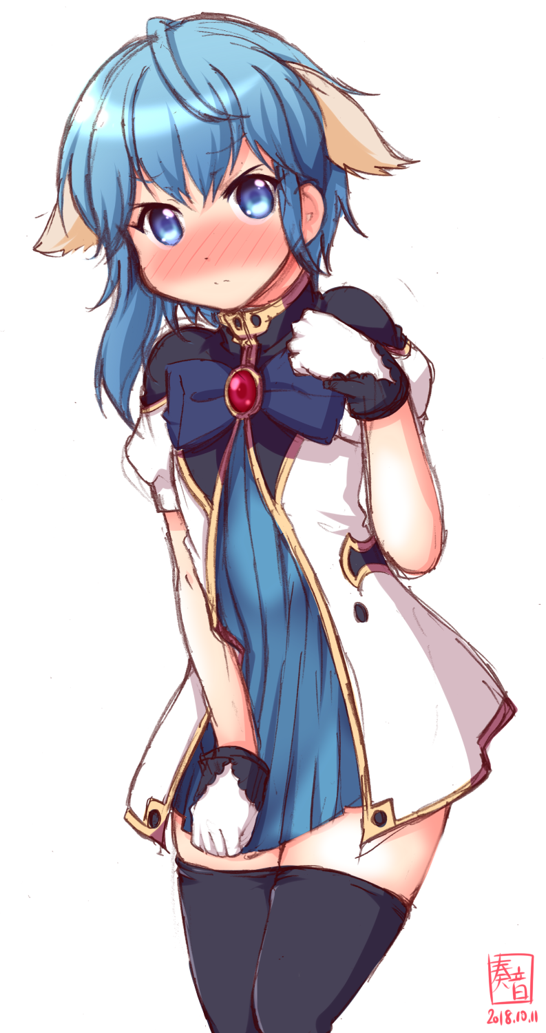 1girl, alternate_costume, animal_ears, artist_logo, asymmetrical_hair, black_thighhighs, blue_eyes, blue_hair, blue_ribbon, blush, brooch, cosplay, covering_crotch, covering_privates, dated, dress, embarrassed, extra_ears, female_focus, galaxy_angel, gloves, hair_between_eyes, highres, jewelry, kanon_(kurogane_knights), kantai_collection, logo, look-alike, looking_at_viewer, minazuki_(kancolle), mint_blancmanche, mint_blancmanche_(cosplay), ribbon, short_hair_with_long_locks, short_sleeves, simple_background, solo, thighhighs, white_background, white_dress, white_gloves