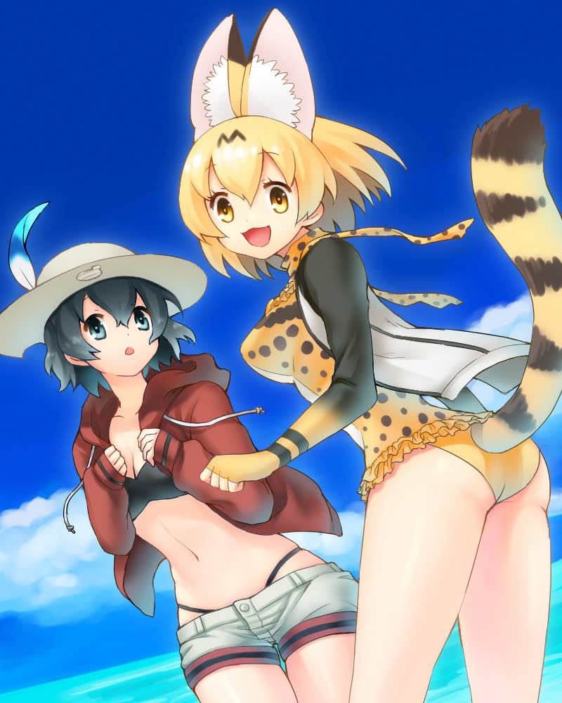 10s, 2girls, :d, :o, animal_ears, animal_print, ass, bad_id