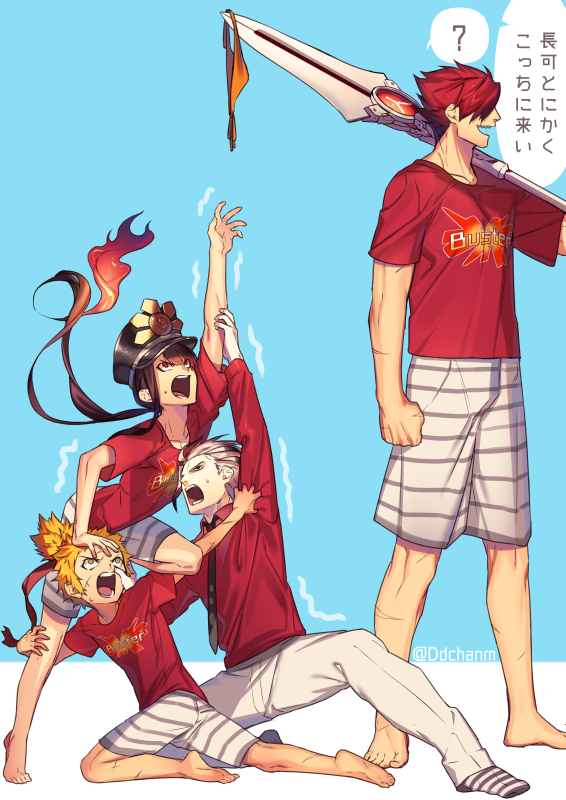 4boys, akechi_mitsuhide_(fate), bad_id, bad_twitter_id, barefoot, bikini, bikini_bottom_only, black_hair