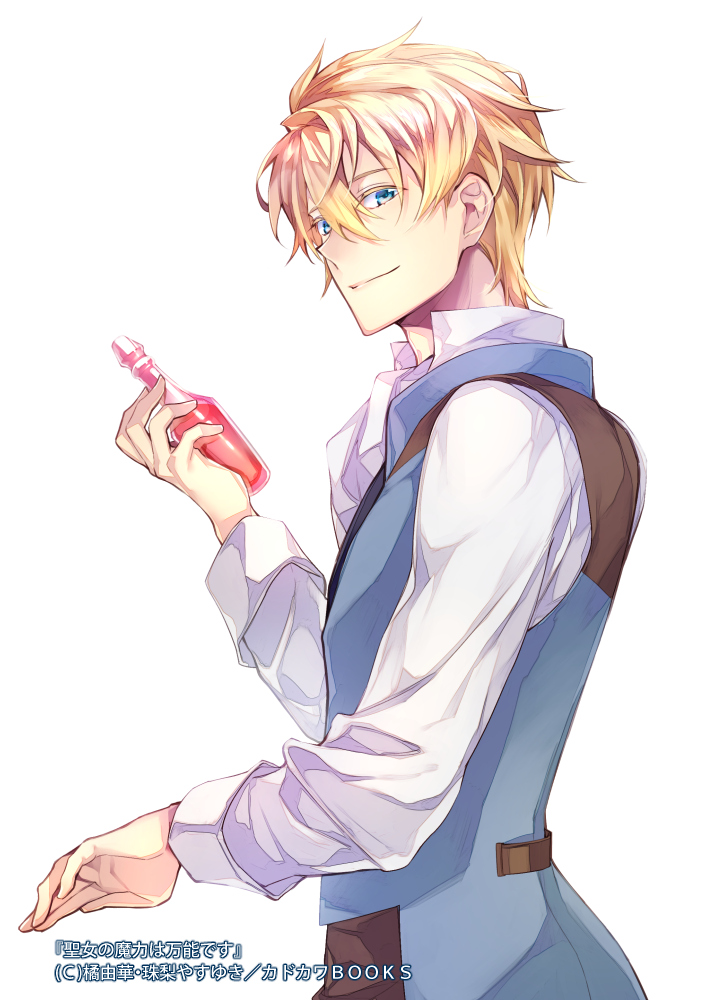 1boy, alberto_hawk, blonde_hair, blue_eyes, bottle, copyright_name, hair_between_eyes, long_sleeves, looking_at_viewer, male_focus, official_art, potion, seijo_no_maryoku_wa_bannou_desu, shuri_yasuyuki, white_background
