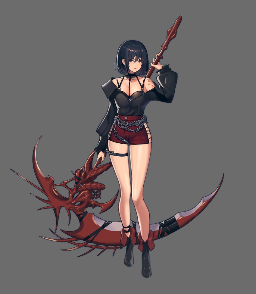 1girl, bare_shoulders, between_breasts, black_bra, black_choker, black_eyes, black_footwear, black_hair