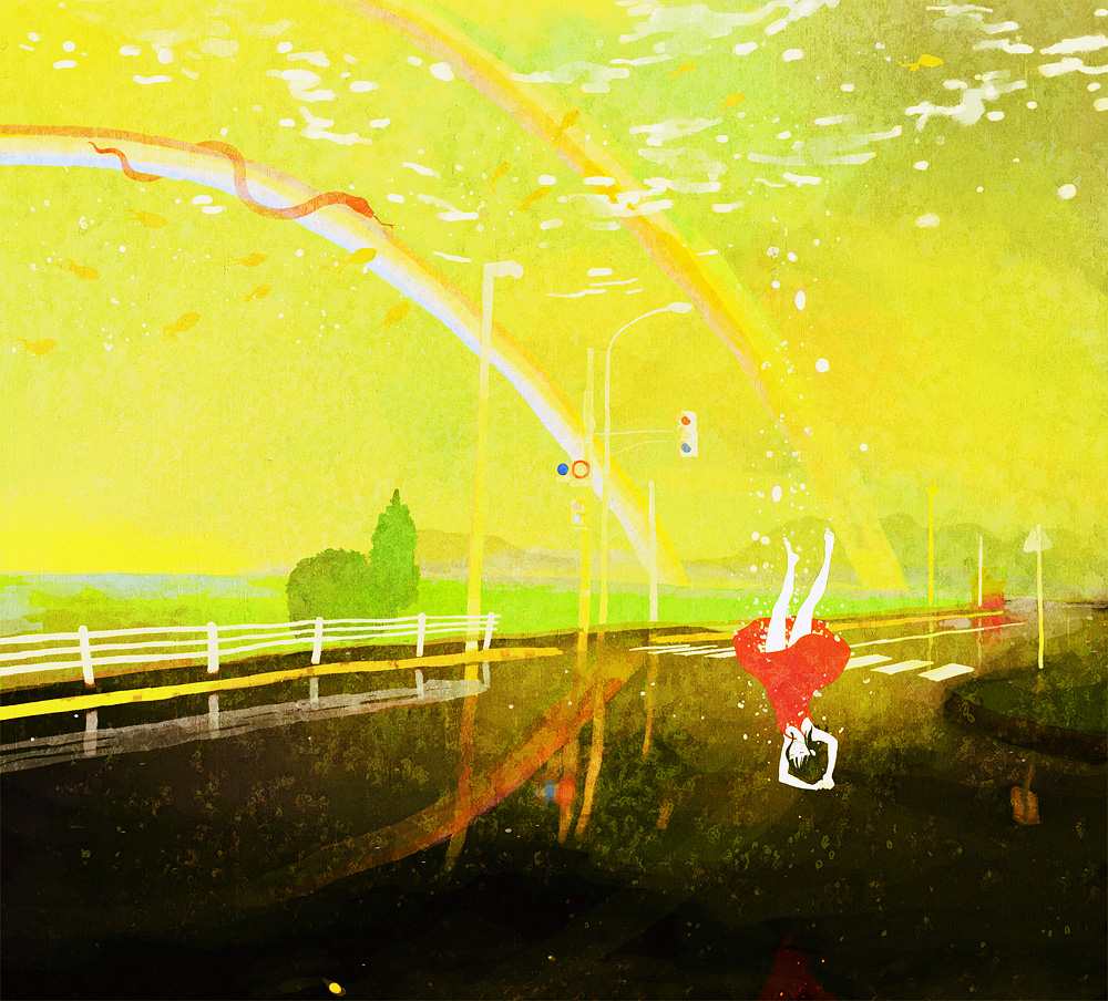 1girl, bad_id, bad_pixiv_id, barefoot, double_rainbow, dress, falling, female_focus