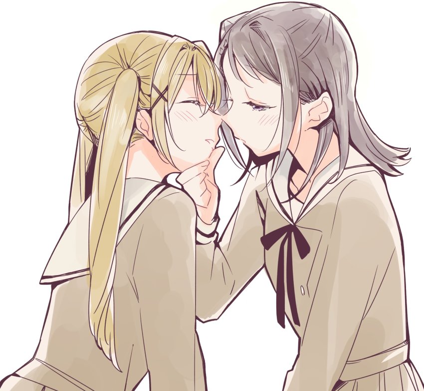 2girls, bang_dream!, bang_dream!_girls_band_party!, blush, brown_hair, closed_eyes, grabbing_another's_chin, hand_on_another's_chin
