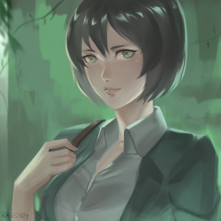 1girl, artist_name, black_hair, dress_shirt, female_focus, green_eyes, green_jacket, grey_shirt