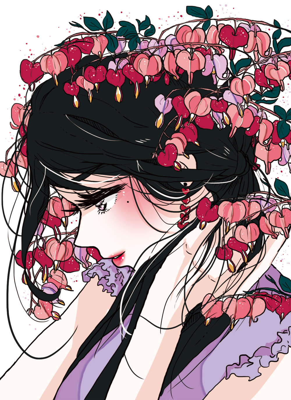 1girl, black_eyes, black_hair, bleeding_heart_(flower), commentary_request, earrings, female_focus, flower