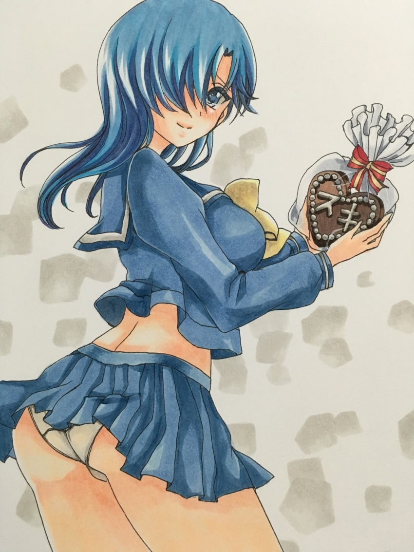 1girl, absurdres, blue_eyes, blue_hair, blue_skirt, blush, bow, breasts