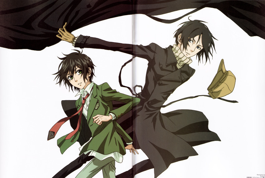 00s, 2boys, absurdres, black_hair, blue_eyes, coat, crease, gloves