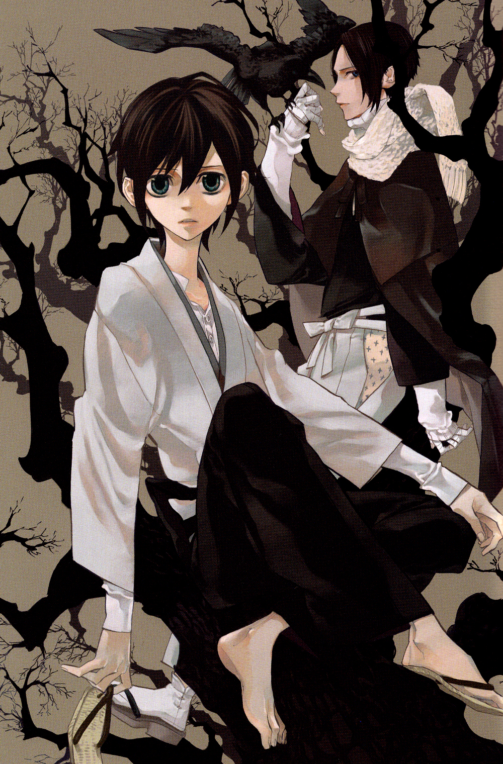 00s, 2boys, barefoot, bird, bird_on_hand, black_hair, feet, gloves